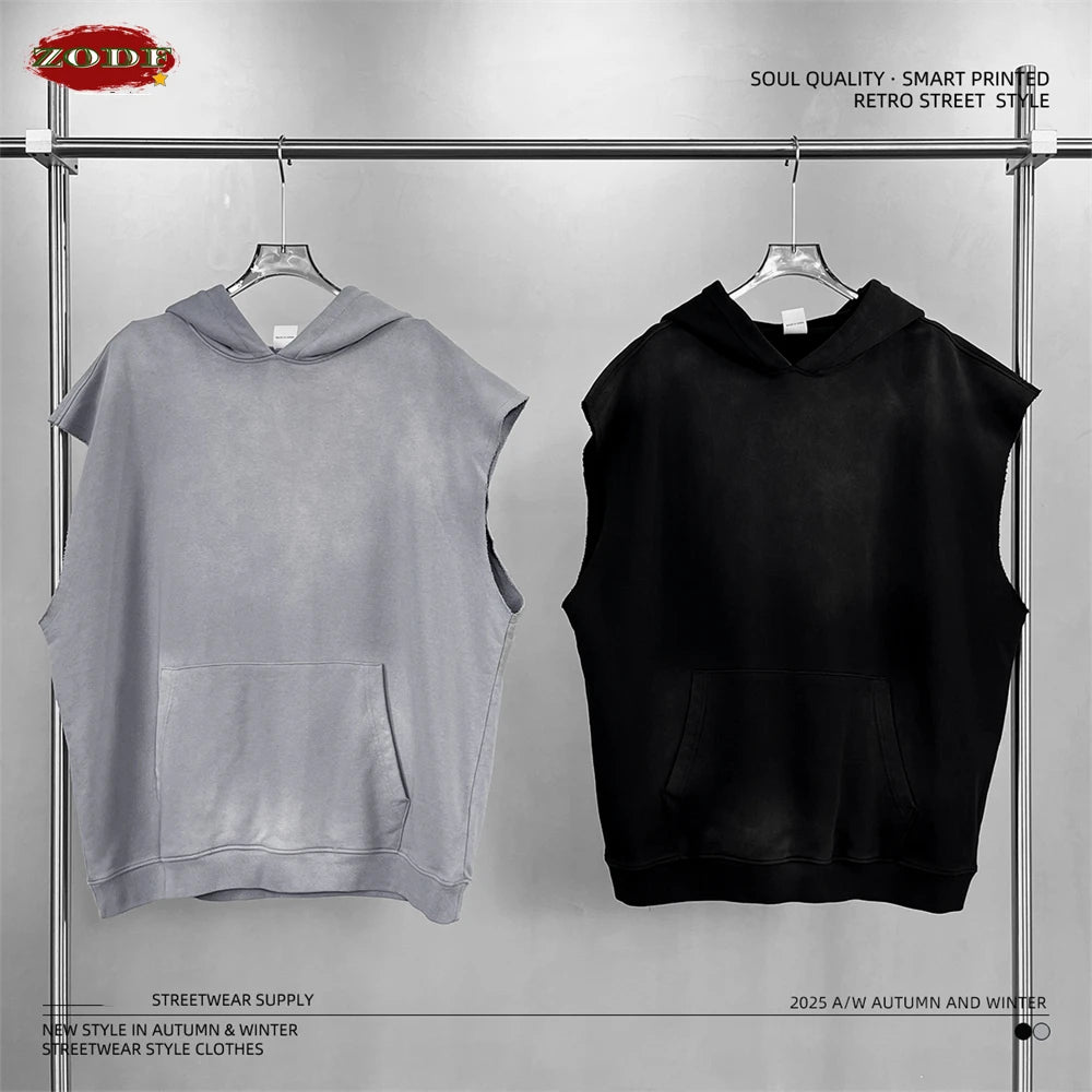 ZODF Summer Autumn Man Washed Sleeveless Hoodies For Men Unisex Loose Edge Distressed 380gsm Cotton Hooded Pullovers HY1097