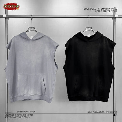 ZODF Summer Autumn Man Washed Sleeveless Hoodies For Men Unisex Loose Edge Distressed 380gsm Cotton Hooded Pullovers HY1097