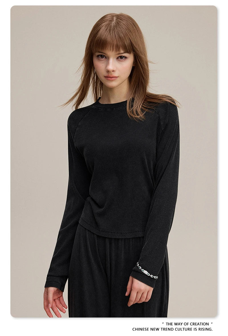 ZODF Sexy Autumn Washed 275gsm Full Sleeve T Shirt For Women Ladies Girls Slim Fit Distressed T-Shirts Tops HY1145