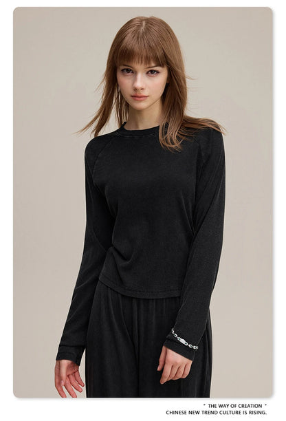 ZODF Sexy Autumn Washed 275gsm Full Sleeve T Shirt For Women Ladies Girls Slim Fit Distressed T-Shirts Tops HY1145