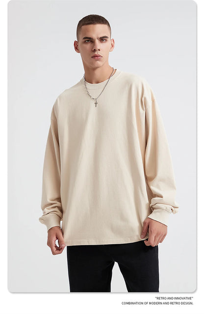 ZODF Retro Autumn Full Sleeve Washed 100% Cotton T-Shirts For Men Unisex Solid Casual Loose 310gsm Tee Brand Tops HY0405