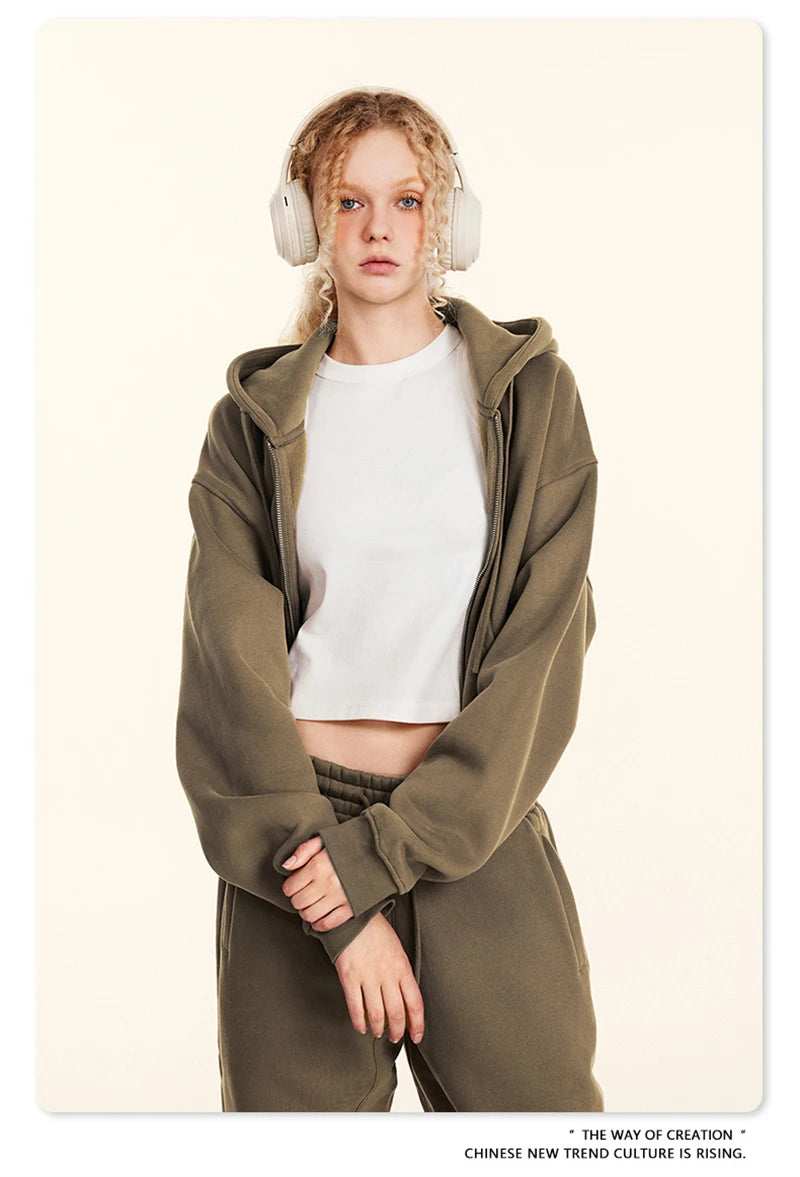 ZODF 2024 Winter Women Zipper Crop Hoodies Female Girls Solid 345gsm Warm Fleece Short Hooded Zip-Up Coat HY0911