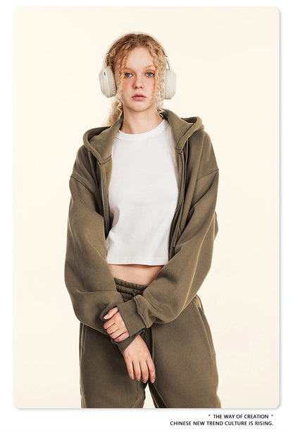 ZODF 2024 Winter Women Zipper Crop Hoodies Female Girls Solid 345gsm Warm Fleece Short Hooded Zip-Up Coat HY0911