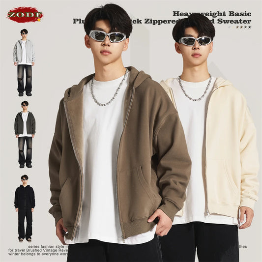ZODF New Winter Men Zipper Fleece Hoodies Unisex Loose Heavy Weight Thick Warm Basic 420gsm Hooded Coats Hoodie HY0747