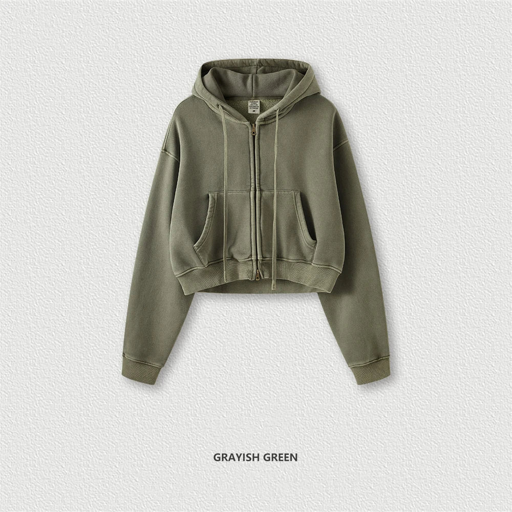 ZODF Retro 2025 Winter Women Short Zipper Hoodies Female Girls Loose 355gsm Thick Fleece Hooded Zip-up Coat Streetwears HY0448