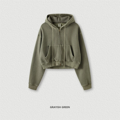 ZODF Retro 2025 Winter Women Short Zipper Hoodies Female Girls Loose 355gsm Thick Fleece Hooded Zip-up Coat Streetwears HY0448