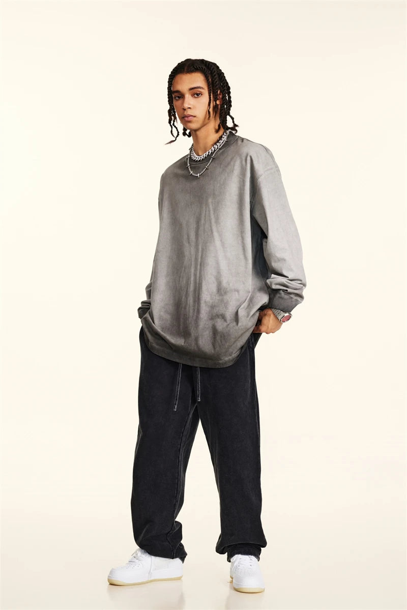 ZODF 2024 Autumn Men's Washed Cotton T-Shirt Unisex Oversized Distressed 250gsm Long Sleeve O Neck T Shirts Tees HY0921