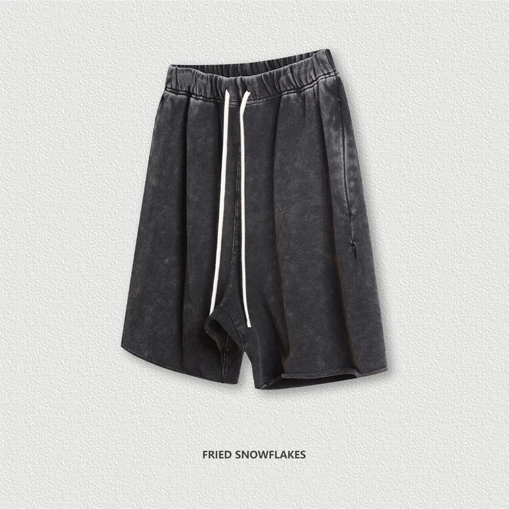 ZODF New Summer Men Retro Washed Shorts Unisex Drawstring Loose Edge 420gsm Solid Knee Length Cotton Pants Streetwears HY0589
