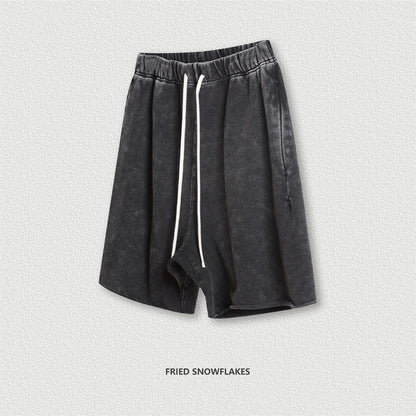 ZODF New Summer Men Retro Washed Shorts Unisex Drawstring Loose Edge 420gsm Solid Knee Length Cotton Pants Streetwears HY0589