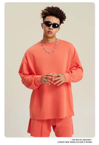 ZODF NEW Autumn Men's Solid Full Sleeve T Shirts Unisex Loose Oversized Casual 305GSM Cotton Basic T-Shirt Brand TEE HY0209