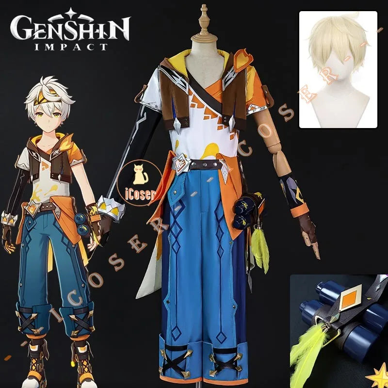 Genshin Impact Bennett Cosplay Costume Wig Uniform Adventures in Blazing Hue New Skin 3D Accessories Halloween Party Women Men