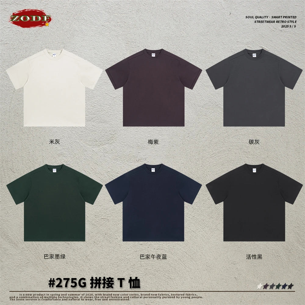 ZODF Trendy 2025 Men 275gsm Cotton T-Shirts Unisex Summer Patchwork Solid O Neck T Shirt Brand Tees HY1045