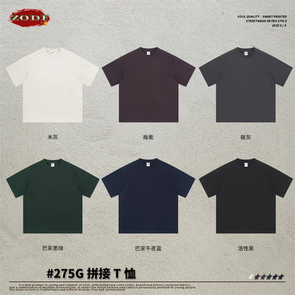 ZODF Trendy 2025 Men 275gsm Cotton T-Shirts Unisex Summer Patchwork Solid O Neck T Shirt Brand Tees HY1045