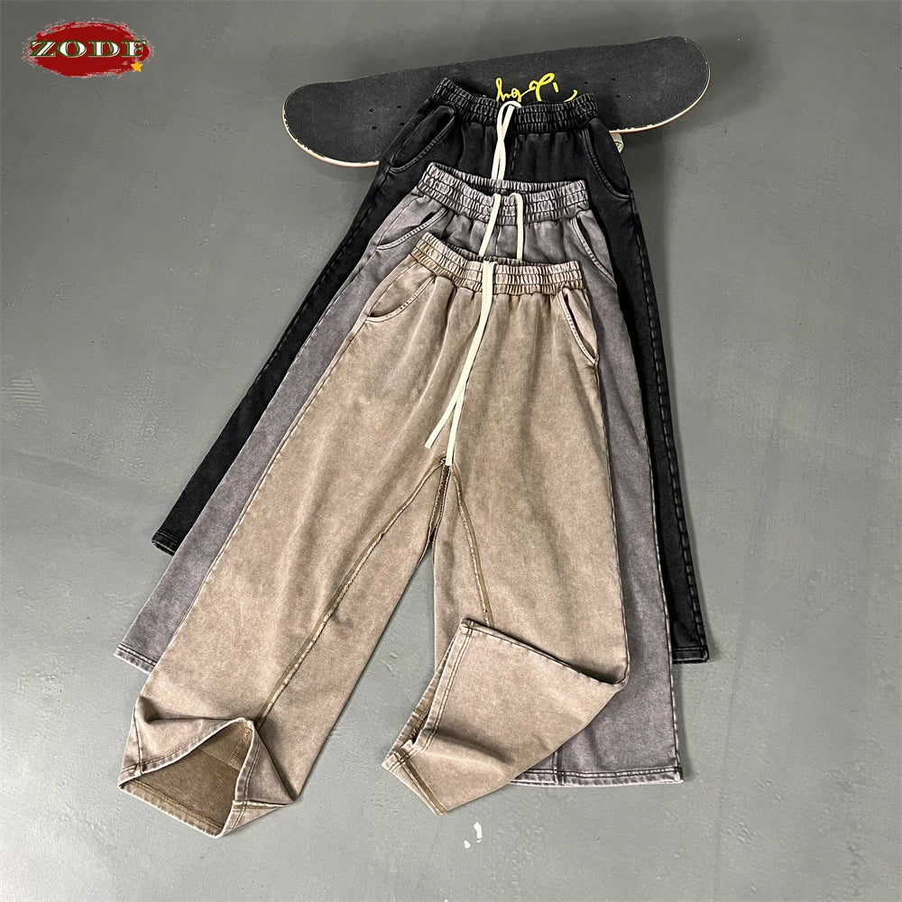 ZODF Retro 2025 Autumn Men 380gsm Washed Cotton Pants Unisex Distressed Loose Terry Sport Trousers Sweatpants HY1079