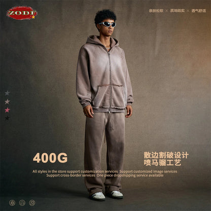 ZODF Retro Winter Men 400gsm Monkey Washed Zipper Hoodie Unisex High Street Loose Edge Ripped Distressed Hooded Pullovers HY1117