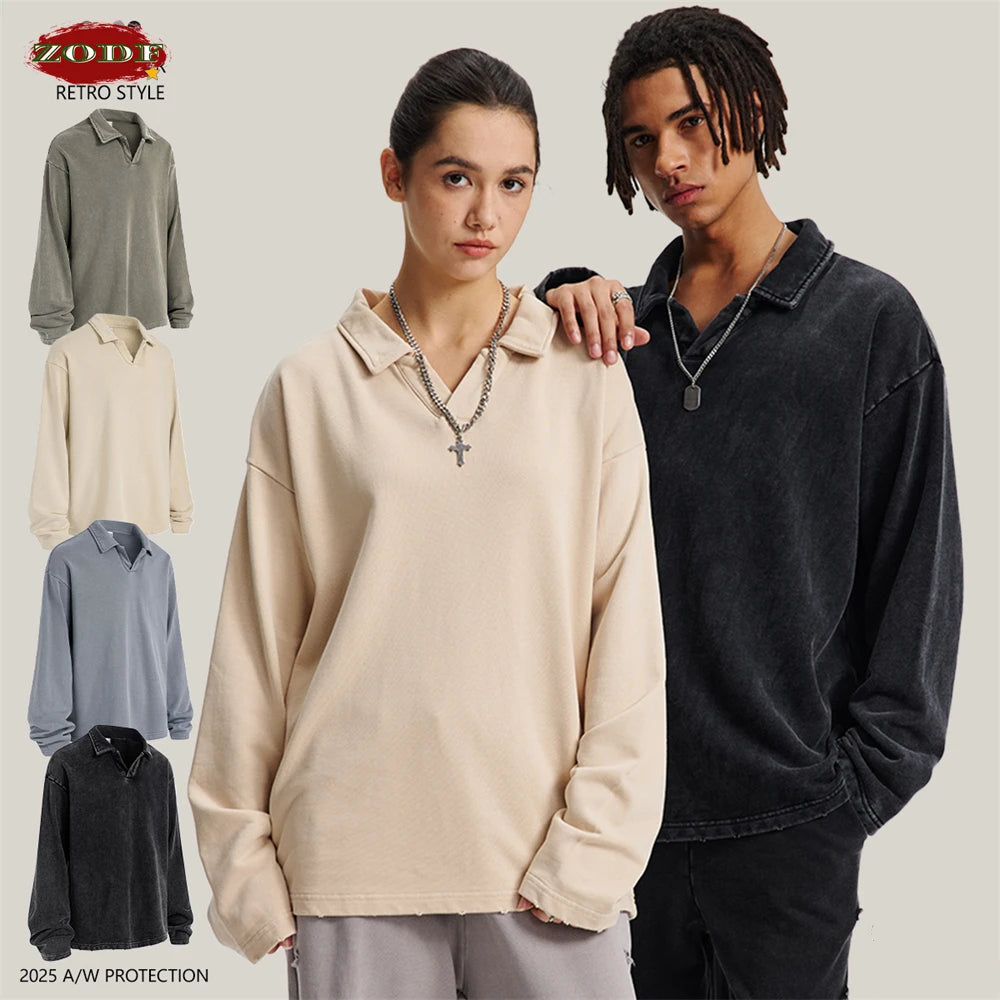 ZODF Retro Heavy Weight 400gsm Washed Cotton T-Shirts For Man Unisex Full Sleeve Turn Down Collar T Shirt Brand Tops HY1087