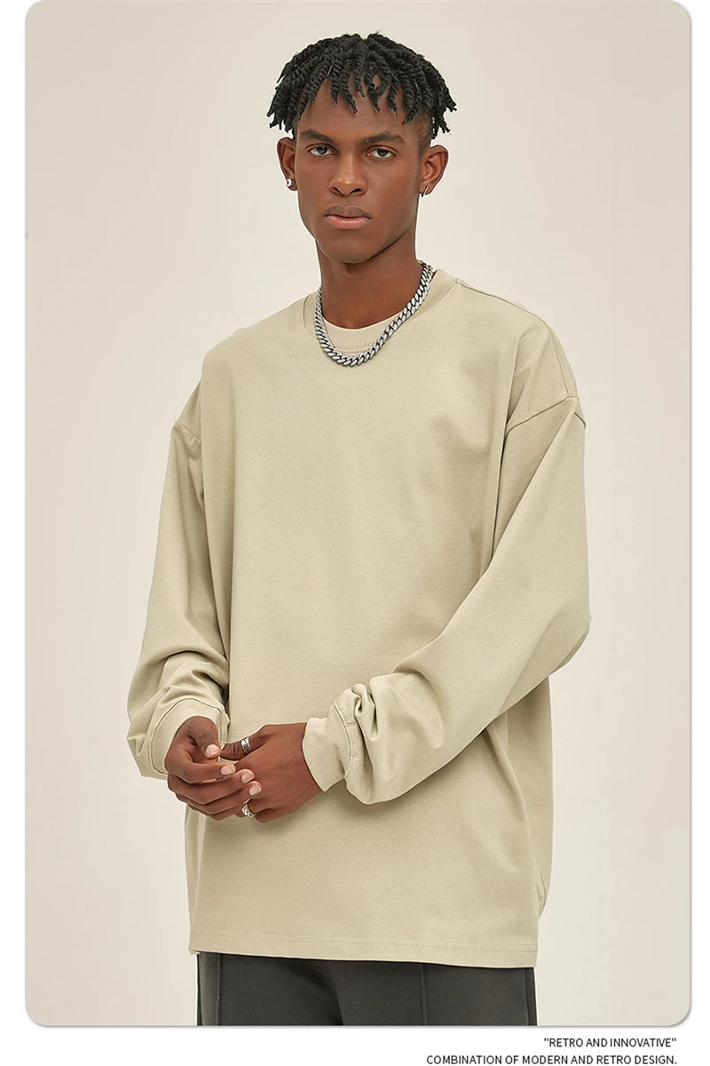 ZODF New 2025 Autumn Men 305gsm 100% Cotton T Shirt Unisex Loose Heavy Weight Basic Long Sleeve Solid T-Shirts Tops HY0634