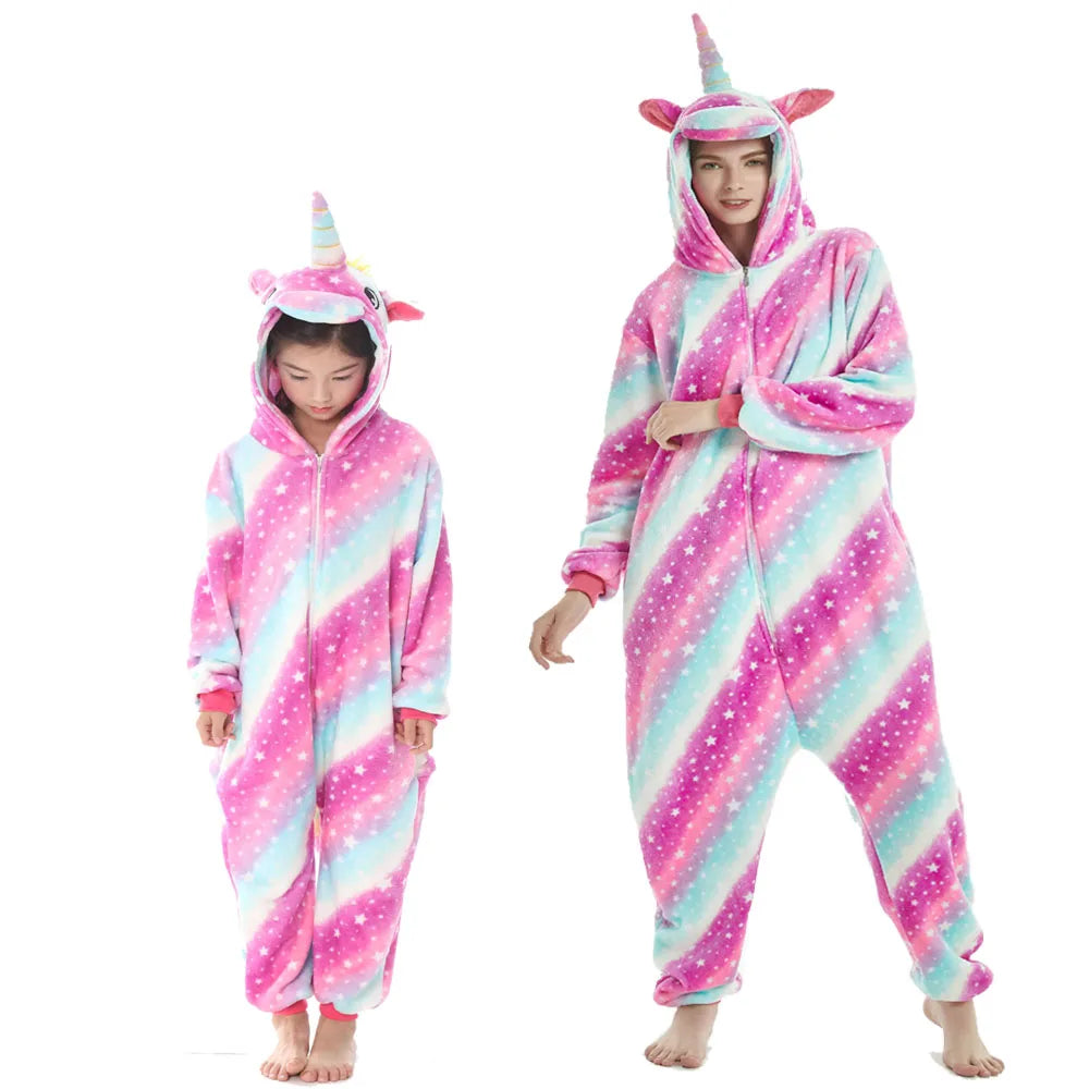 Pink Kigurumi Unicorn Pajamas for Family Set Outfits Cute Winter Flannel Soft Warm Children Pyjamas Mommy and Me Matching Outfit