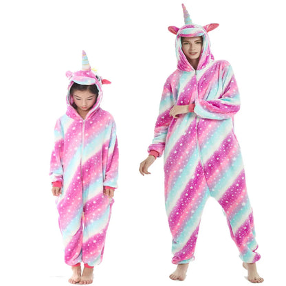 Pink Kigurumi Unicorn Pajamas for Family Set Outfits Cute Winter Flannel Soft Warm Children Pyjamas Mommy and Me Matching Outfit