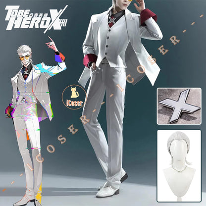 iCoser Anime To Be Hero X Cosplay Costume Wig Hero X Uniform White Suit Orange Glasses Tie Halloween Party for Women Men Props