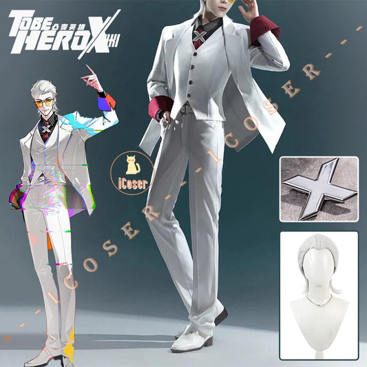 iCoser Anime To Be Hero X Cosplay Costume Wig Hero X Uniform White Suit Orange Glasses Tie Halloween Party for Women Men Props