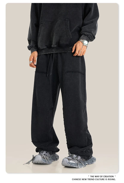 ZODF Fashion 2024 Winter Patches Fleece Straight Pants Retro Unisex Loose Washed 305gsm Warm Soft Trousers Brand Bottoms HY0872