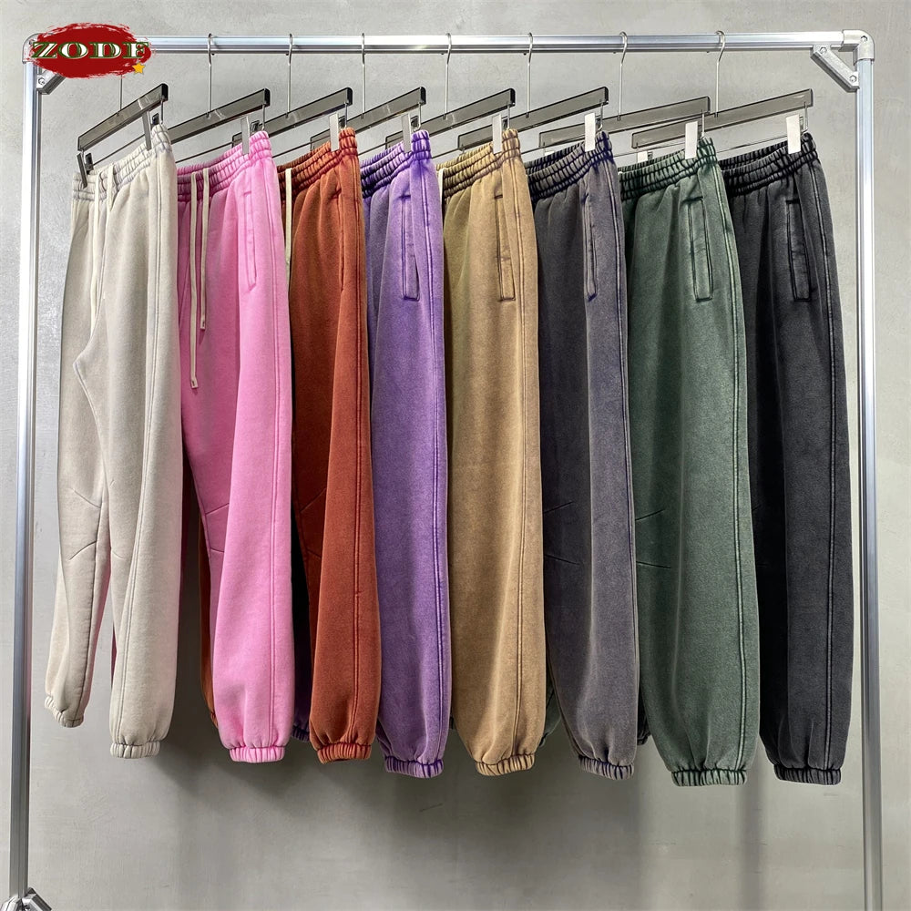 ZODF Retro Winter 360gsm Batik Washed Fleece Sweatpants Unisex Loose Drawstring Warm Joggers HY0714