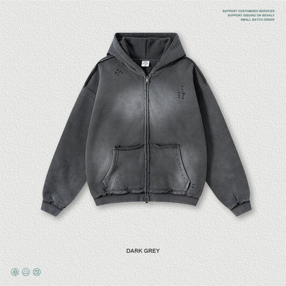 ZODF Retro Winter Men 400gsm Monkey Washed Zipper Hoodie Unisex High Street Loose Edge Ripped Distressed Hooded Pullovers HY1117