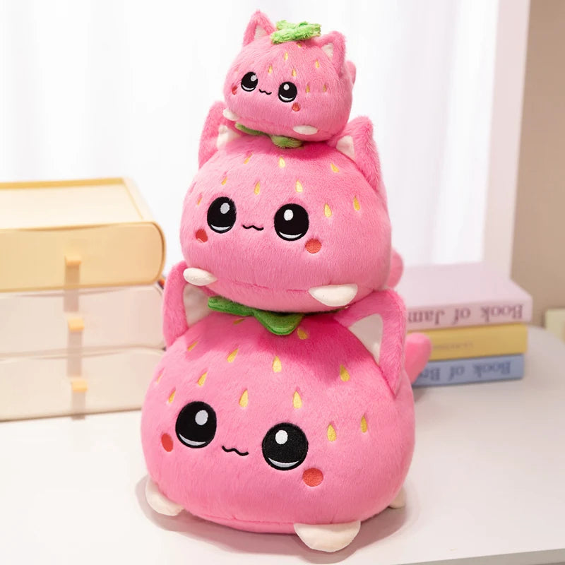 Kawaii Strawberry Cat Plush Toy Cute Pink Cat Stuffed Animal Cuddly Doll Soft Cartoon Plushies Birthday Gift for Girl Home Decor