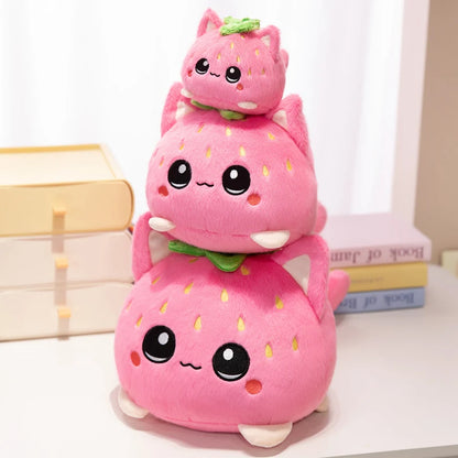 Kawaii Strawberry Cat Plush Toy Cute Pink Cat Stuffed Animal Cuddly Doll Soft Cartoon Plushies Birthday Gift for Girl Home Decor