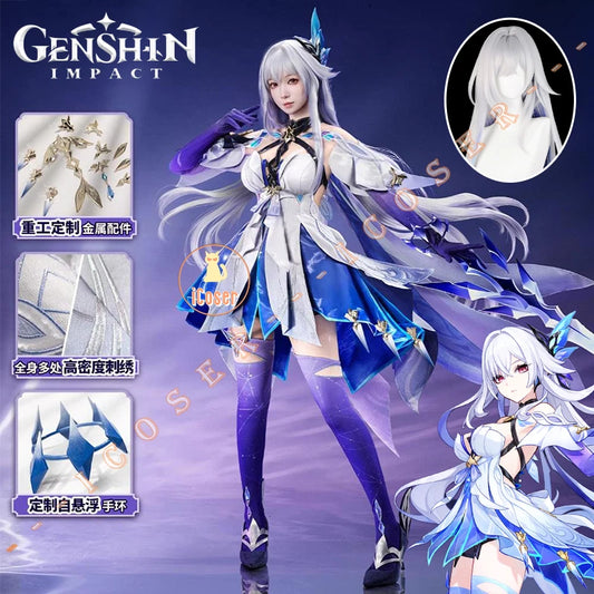 iCoser Genshin Impact Skirk Cosplay Costume Wig Dress New Skin Uniform Headwear Metal Props Halloween Party Women Girls Carnival