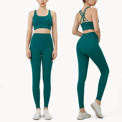 Women’s 2 Piece Yoga Set Sleeveless Cross Back Sports Bra and Leggings Athletic Tracksuit Pilates Fitness - Dark Green