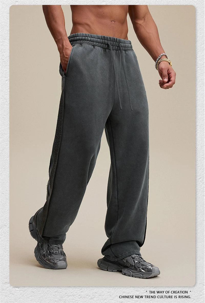 ZODF Vintage Man Winter Washed Fleece Straight Pants Unisex Distressed 360gsm Knitted Warm Trousers Brand Bottoms HY1092