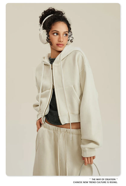 ZODF Retro 2025 Winter Women Short Zipper Hoodies Female Girls Loose 355gsm Thick Fleece Hooded Zip-up Coat Streetwears HY0448