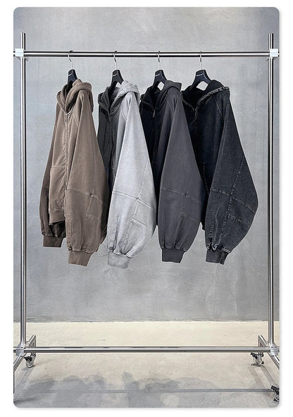 ZODF Heavy Wieght 480gsm Washed Cotton Boxy Zipper Hoodies For Man Unisex Retro Patchwork Off Shoulder Hooded Coats HY1152