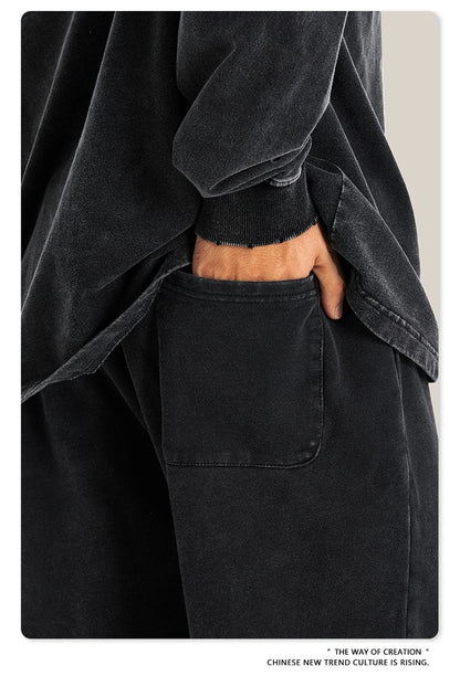 ZODF Retro Men Autumn Washed 380gsm Cotton Unisex High Street Oversized Solid Sport Straight Pants HY0885