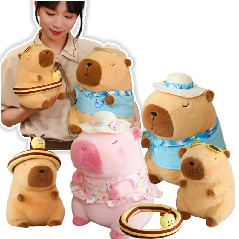 Pink Capybara Plush Toy Stuffed Seaside Beach Dress Blue Shirt Swim Ring Bee Decor Capibara Plushie Boy Hawaii Vacation Style
