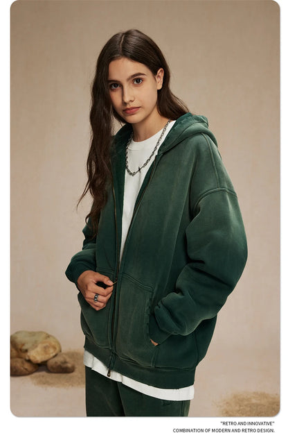 ZODF Retro Winter Men Spray-Dyed Zipper Hoodies Unisex Loose 360gsm Zipper Fleece Hooded Sweatshirt Pullovers Coats HY0719