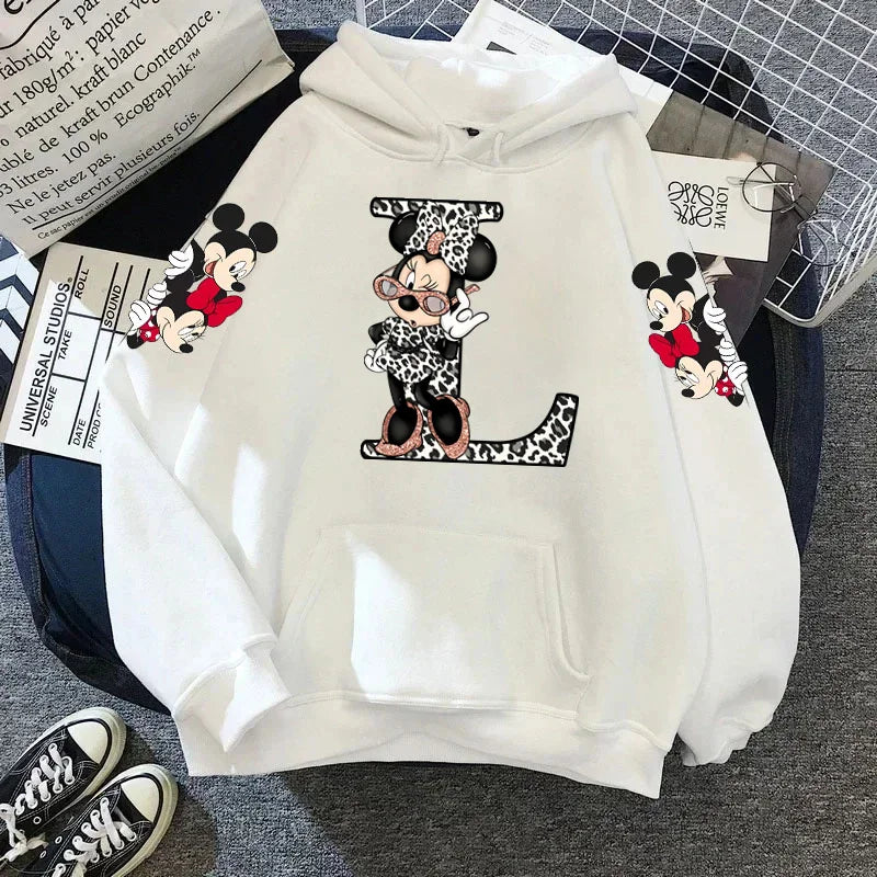 2024 Women's Winter Jacket Cute Kawaii Disney Mickey Mouse Lucky Letters Print White Hoodie Fashion Couple Streetwear Sportswear