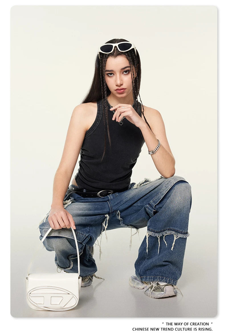 ZODF Women 2024 Summer Washed Tank Tops Female Hotsweet Girls 235gsm Slim Pleated Arc Hem Camisole TEE Streetwears HY0795