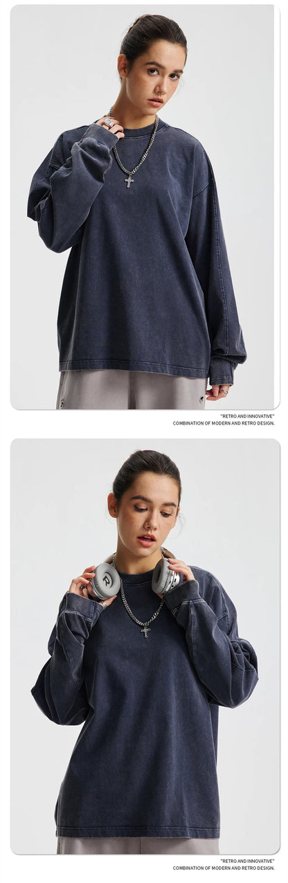 ZODF Retro 285gsm Batik Washed Cotton Man's T-Shirts Unisex Solid Loose Distressed Patchwork Full Sleeve Tee Shirt Tops HY1161