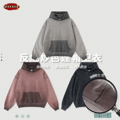 ZODF American Retro Washed Cotton Hoodie For Men Unisex Autumn High Street Oversized Knitted 380gsm Hooded Pullovers Coat HY0913