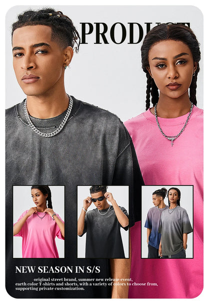 ZODF New Men's Summer Washed Gradient Cotton T-Shirts Unisex Women Retro Distressed 310gsm Ripped T Shirt Brand Tops HY0859