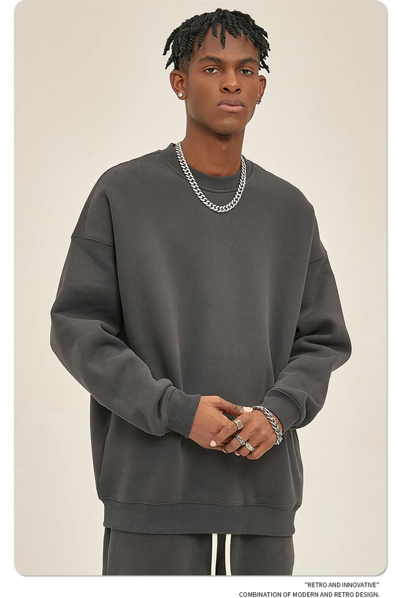 ZODF New 2025 Winter 350gsm Fleece Sweatshirts For Men Unisex Casual Loose Basic Solid O-Neck Thick Warm Pullovers HY0635