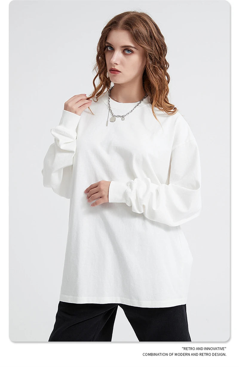 ZODF Retro Autumn Full Sleeve Washed 100% Cotton T-Shirts For Men Unisex Solid Casual Loose 310gsm Tee Brand Tops HY0405