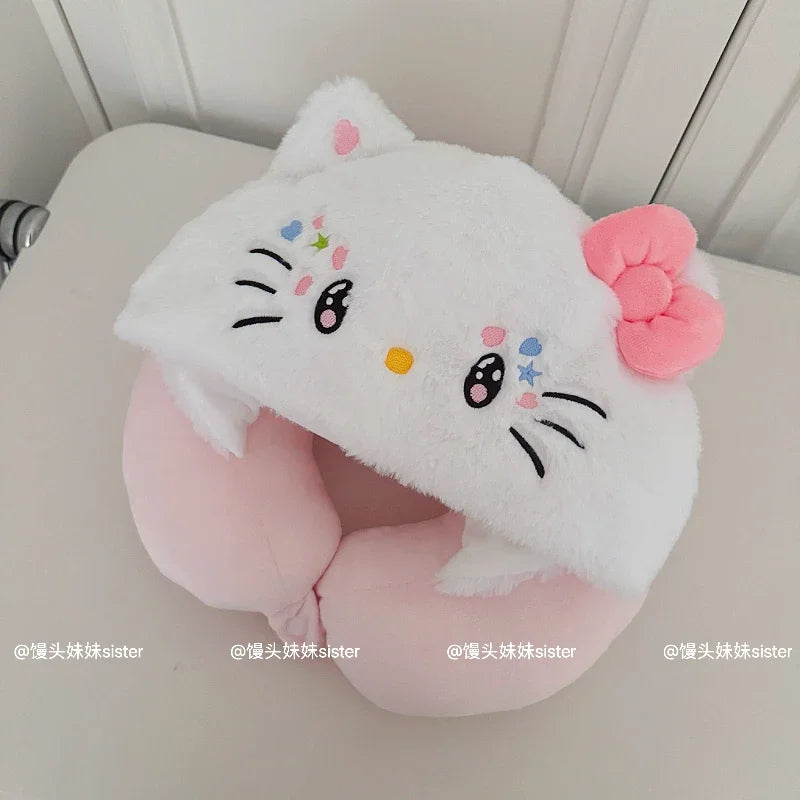 Kawaii Hello Kitty Neck Support Pillow with Hat Soft Plush Travel U-Shaped Pillow Nap Sleeping Cartoon Comfortable Journeys Girl