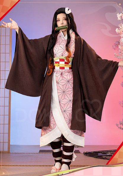 IN STOCK Kamadoo Nezukoo Cosplay Costume Anime DokiDoki-SR Women Pink Kimono Nezukoo Halloween Cosplay Wig Props
