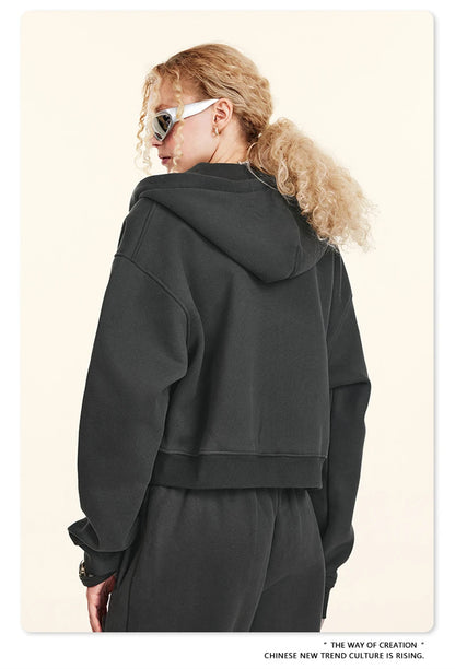 ZODF 2024 Winter Women Zipper Crop Hoodies Female Girls Solid 345gsm Warm Fleece Short Hooded Zip-Up Coat HY0911