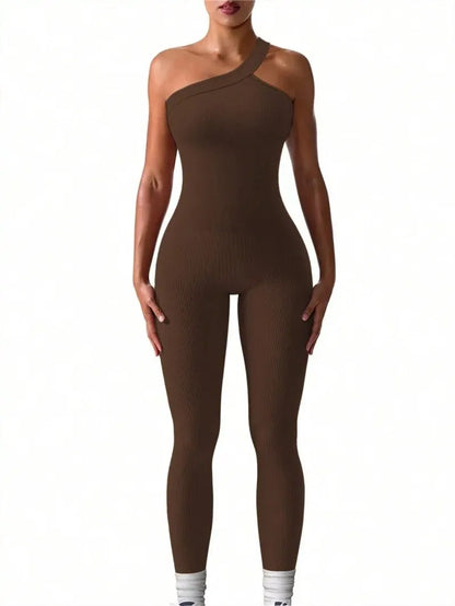 Women Ribbed One Shoulder Yoga Jumpsuit Workout Piece Sportwear - Coffee / M