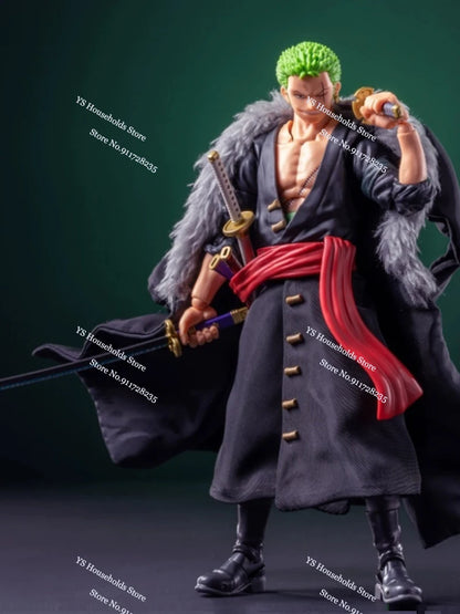 1/12 Anime One Piece Roronoa Zoro Man Soldier Mini Hemline Long Black Green Windbreaker Coat Toys Accessory For 6" Shf Figure
